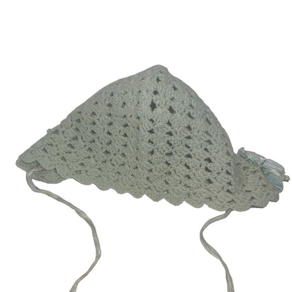 Antique Handknit Baby Hat Blue Satin Ribbon Bows Tie Newborn Small Scalloped - Picture 6 of 10